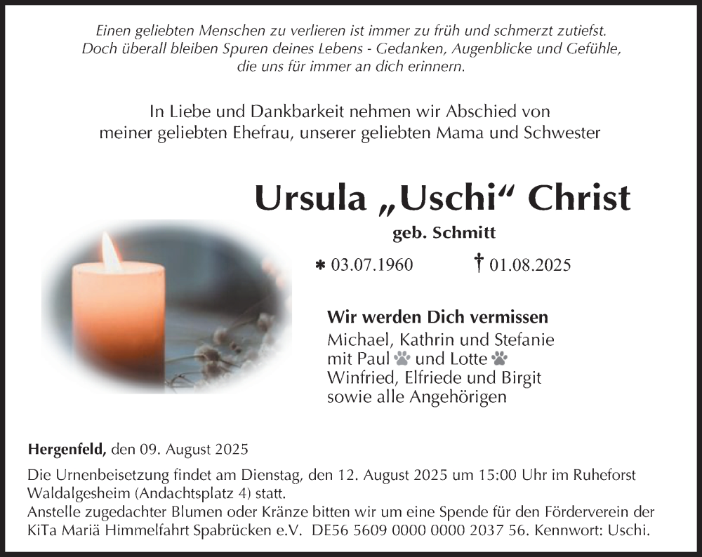  Traueranzeige für Ursula Christ vom 09.08.2025 aus Allgemeine Zeitung Rheinhessen-Nahe
