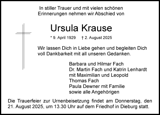 Traueranzeige von Ursula Krause von Dieburger Anzeiger/Groß-Zimmerner Lokal-Anzeiger