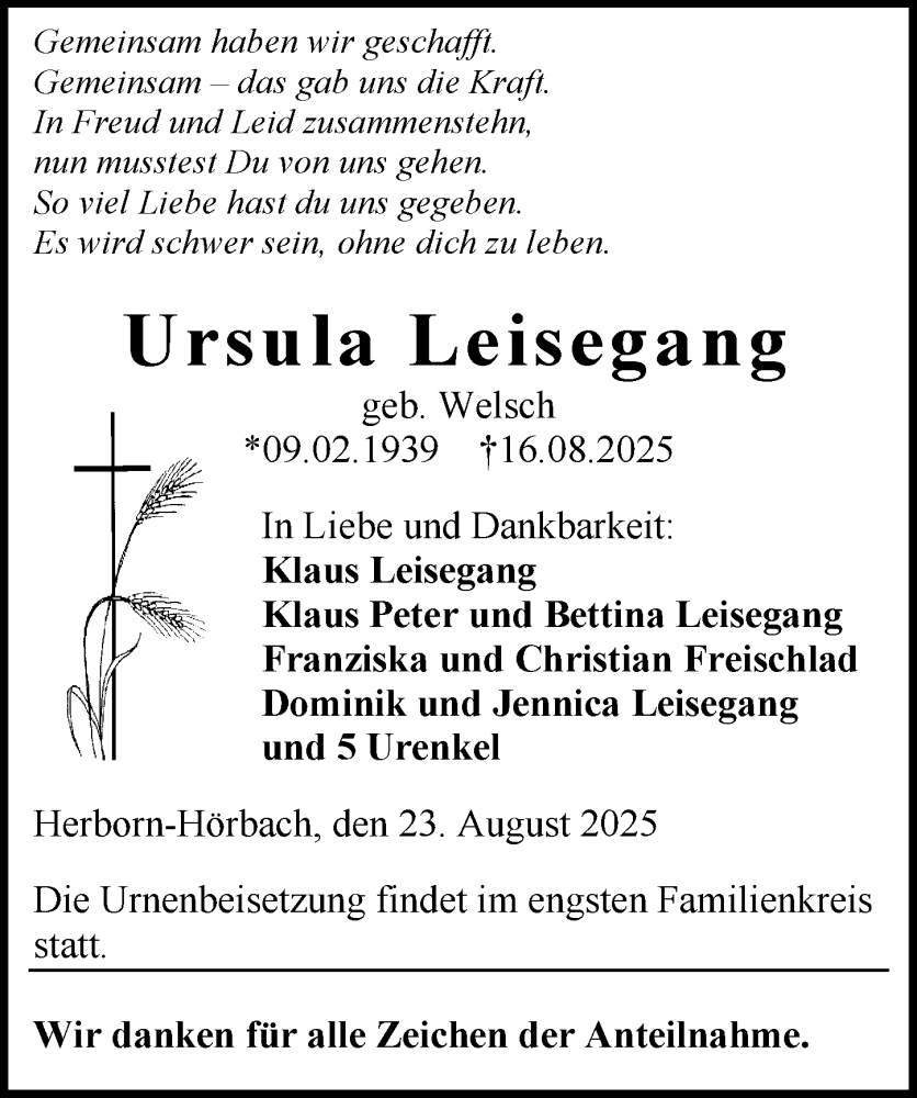  Traueranzeige für Ursula Leisegang vom 23.08.2025 aus Dill Block