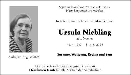 Traueranzeige von Ursula Niebling von Wetzlarer Neue Zeitung
