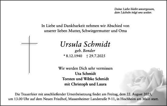 Traueranzeige von Ursula Schmidt von Hochheimer Zeitung