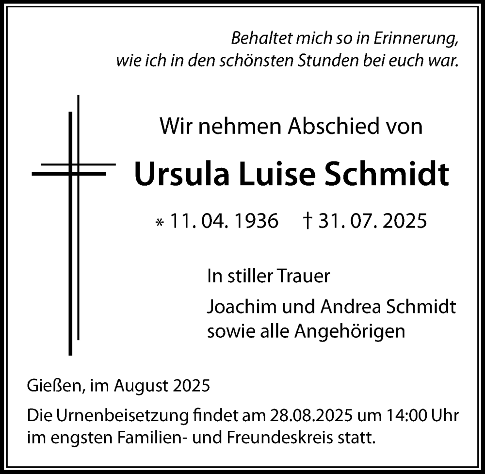  Traueranzeige für Ursula Luise Schmidt vom 21.08.2025 aus Wetzlarer Neue Zeitung