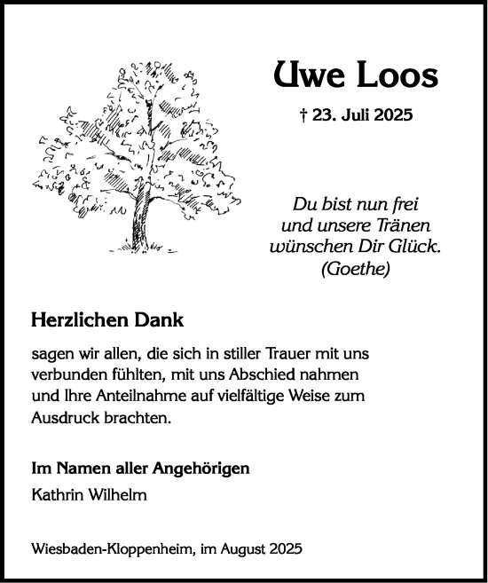 Traueranzeige von Uwe Loos von Wiesbadener Kurier