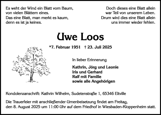 Traueranzeige von Uwe Loos von Wiesbadener Kurier
