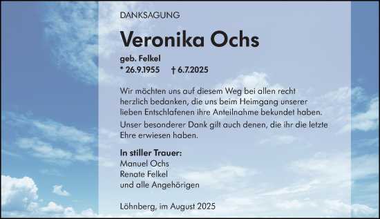 Traueranzeige von Veronika Ochs von Weilburger Tageblatt