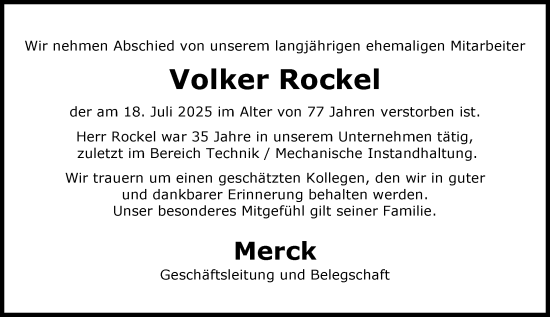 Traueranzeige von Volker Rockel von Darmstädter Echo