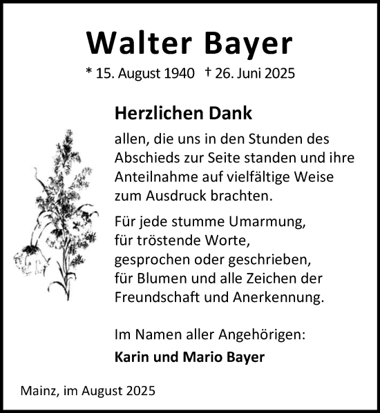 Traueranzeige von Walter Bayer von Allgemeine Zeitung Mainz