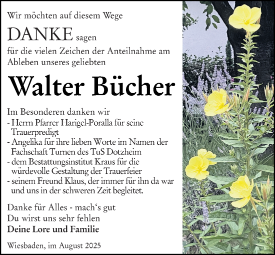 Traueranzeige von Walter Bücher von Wiesbadener Kurier