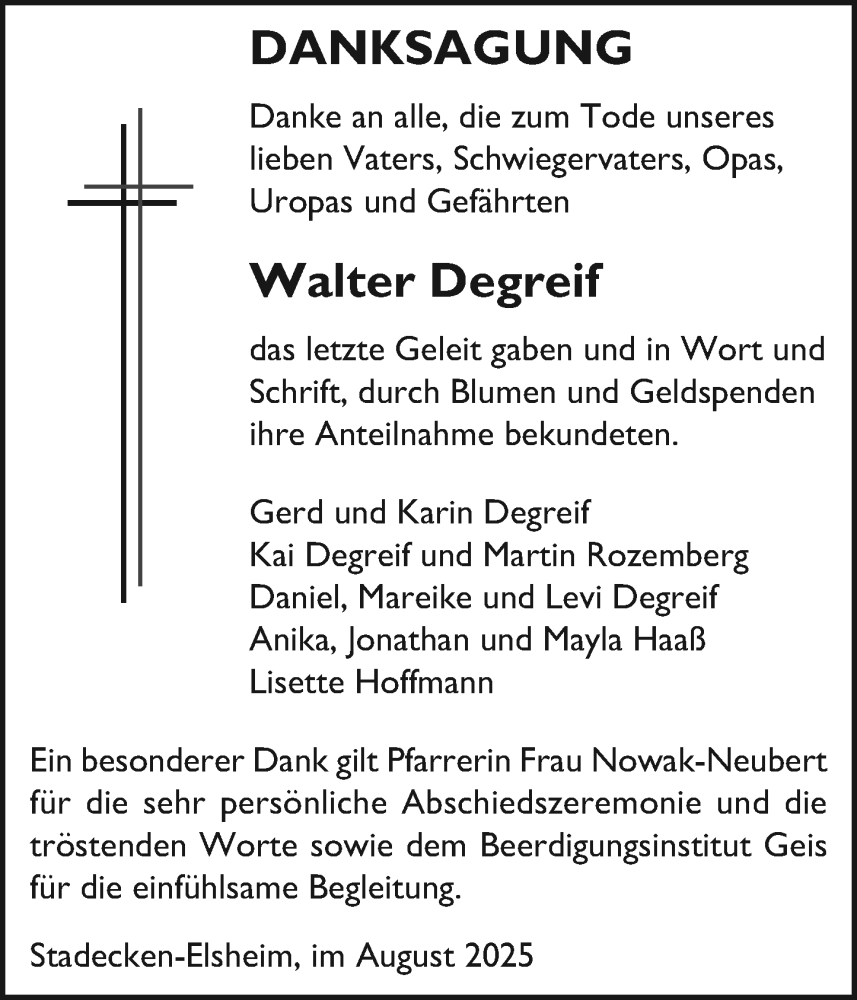  Traueranzeige für Walter Degreif vom 25.08.2025 aus Allgemeine Zeitung Mainz
