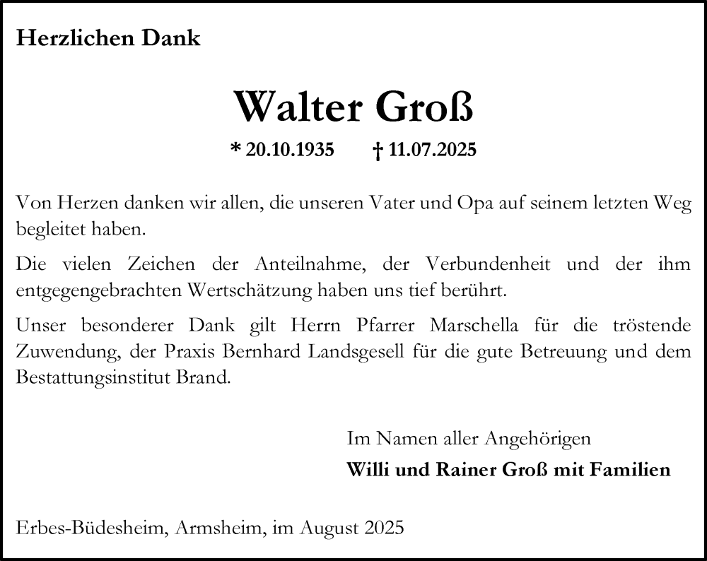  Traueranzeige für Walter Groß vom 23.08.2025 aus Allgemeine Zeitung Alzey