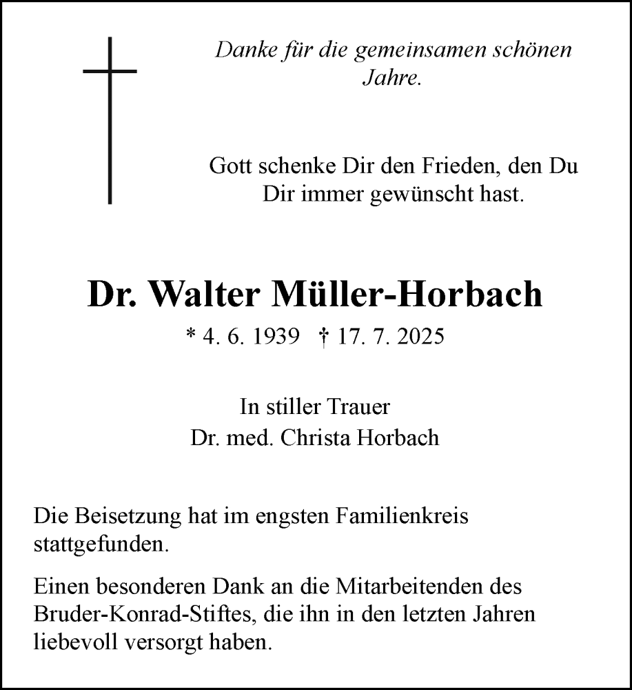  Traueranzeige für Walter Müller-Horbach vom 02.08.2025 aus Allgemeine Zeitung Mainz