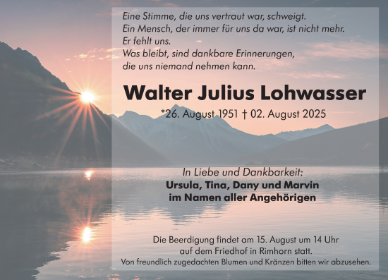 Traueranzeige von Walter Julius Lohwasser von Odenwälder Echo