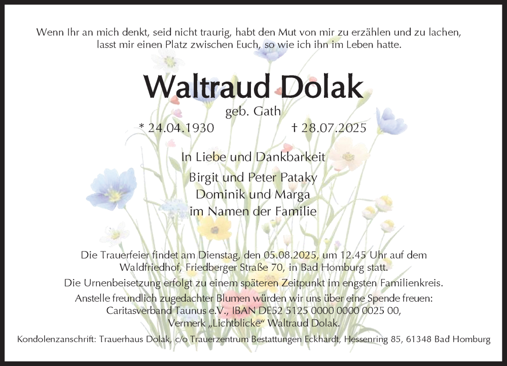  Traueranzeige für Waltraud Dolak vom 02.08.2025 aus Weilburger Tageblatt