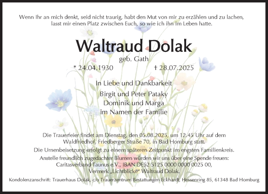 Traueranzeige von Waltraud Dolak von Weilburger Tageblatt