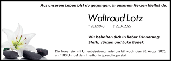 Traueranzeige von Waltraud Lotz von Binger-/Ingelheimer Wochenblatt