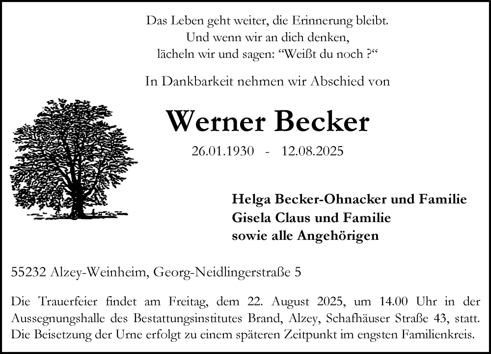  Traueranzeige für Werner Becker vom 16.08.2025 aus Allgemeine Zeitung Alzey
