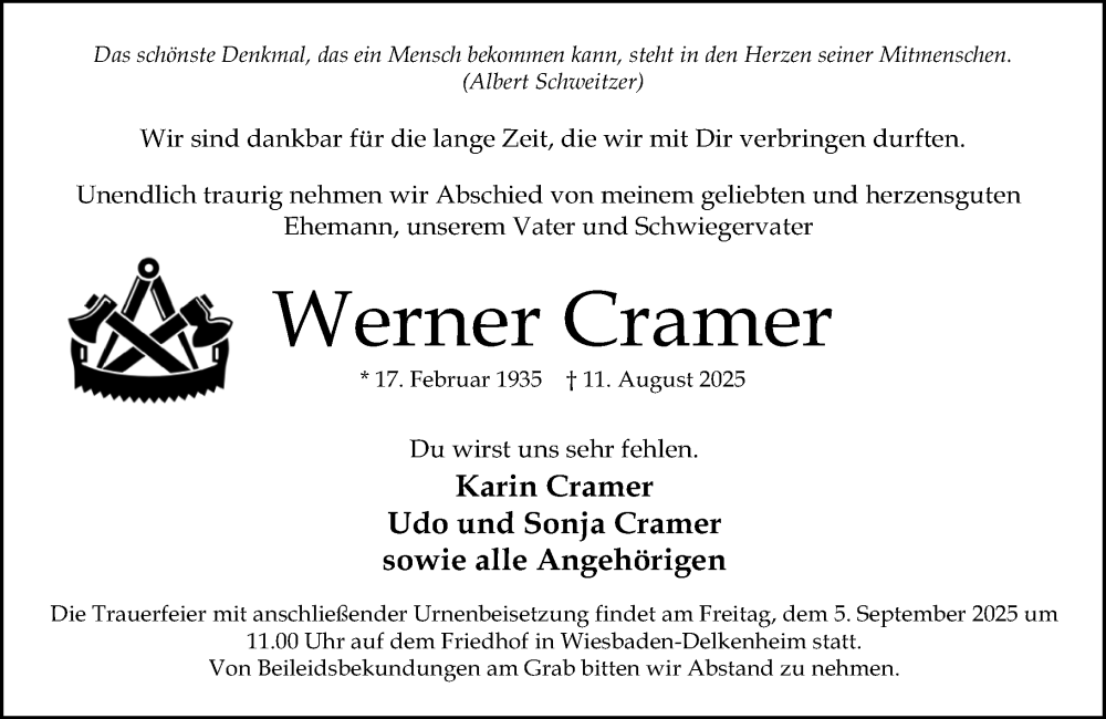  Traueranzeige für Werner Cramer vom 23.08.2025 aus Wiesbadener Kurier