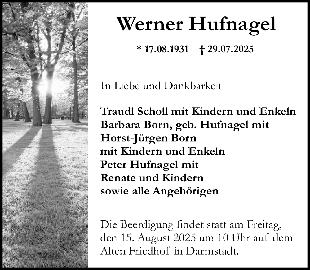  Traueranzeige für Werner Hufnagel vom 09.08.2025 aus Darmstädter Echo
