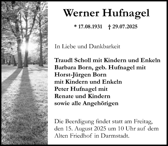 Traueranzeige von Werner Hufnagel von Darmstädter Echo