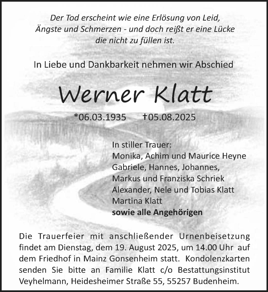 Traueranzeige für Werner Klatt vom 16.08.2025 aus Allgemeine Zeitung Mainz