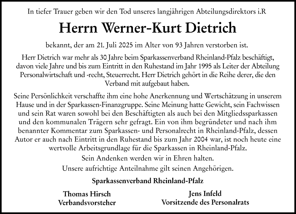  Traueranzeige für Werner-Kurt Dietrich vom 09.08.2025 aus Allgemeine Zeitung Mainz