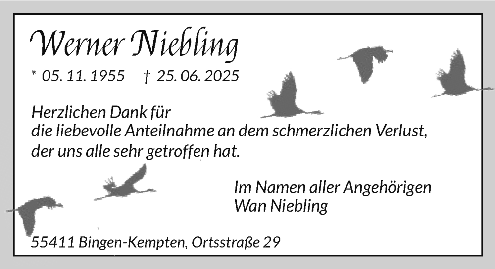  Traueranzeige für Werner Niebling vom 09.08.2025 aus Binger-/Ingelheimer Wochenblatt