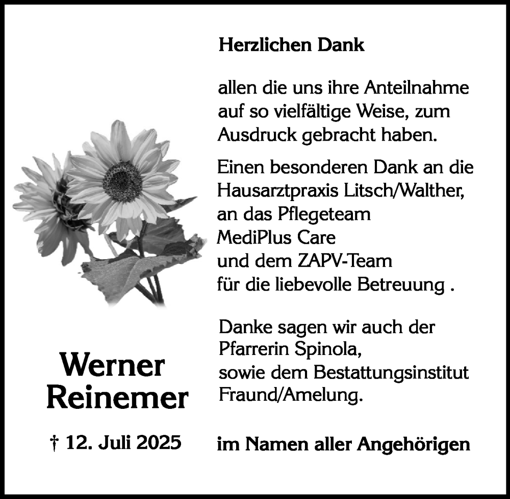  Traueranzeige für Werner Reinemer vom 09.08.2025 aus Wiesbadener Kurier