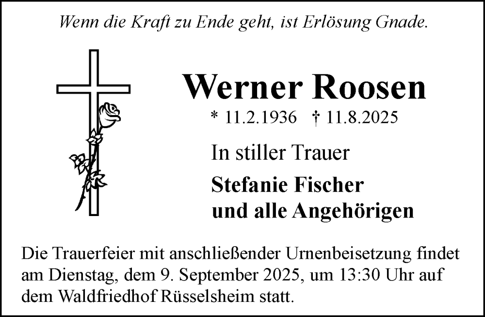  Traueranzeige für Werner Roosen vom 23.08.2025 aus Rüsselsheimer Echo