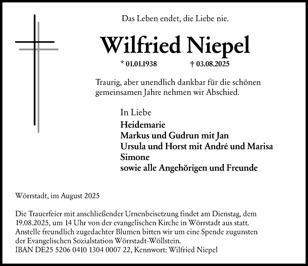  Traueranzeige für Wilfried Niepel vom 09.08.2025 aus Allgemeine Zeitung Alzey