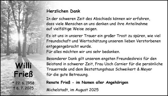 Traueranzeige von Willi Frieß von Odenwälder Echo