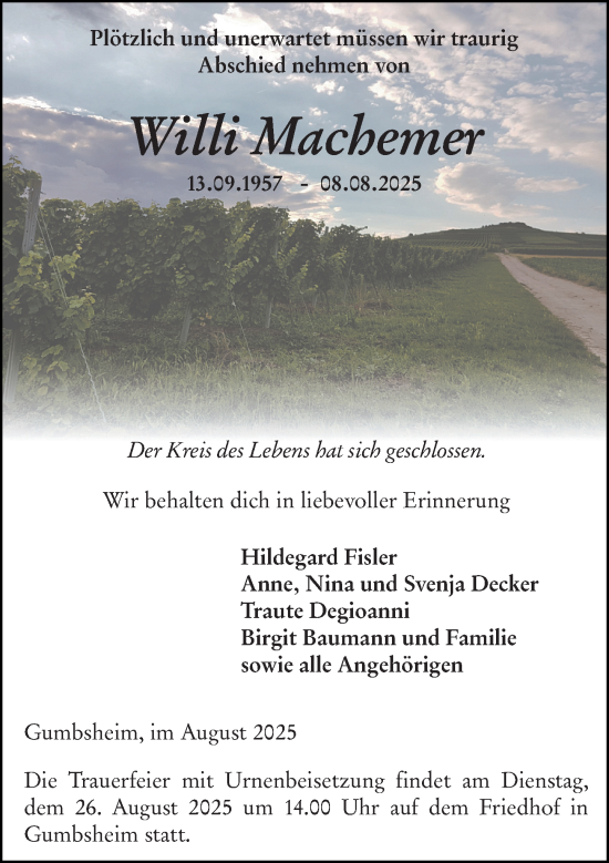 Traueranzeige von Willi Machemer von Allgemeine Zeitung Alzey