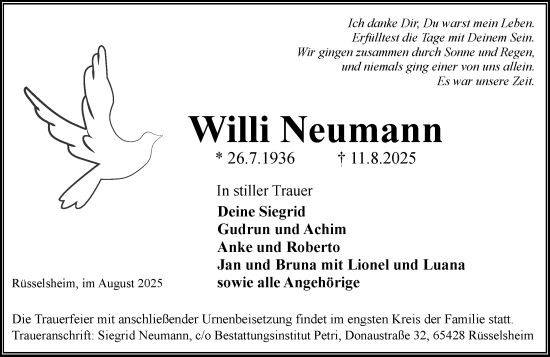 Traueranzeige von Willi Neumann von Rüsselsheimer Echo