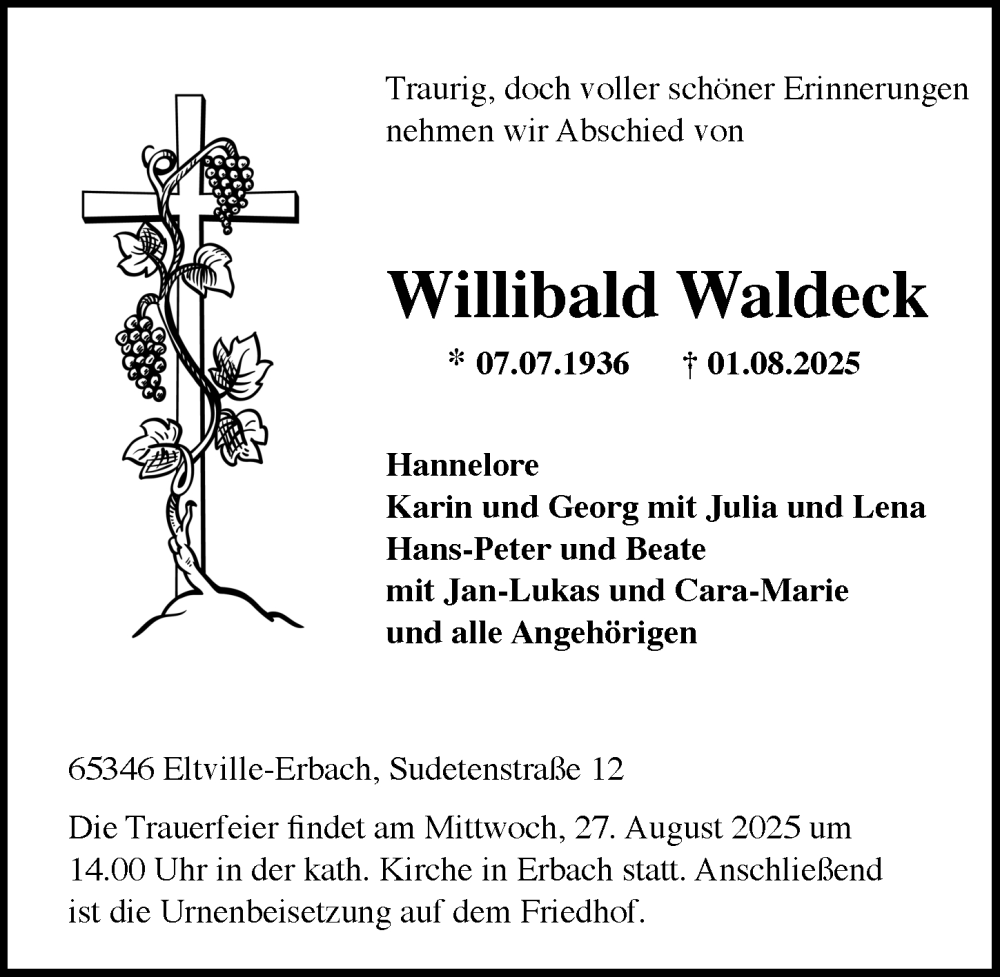  Traueranzeige für Willibald Waldeck vom 09.08.2025 aus Rheingau Kurier