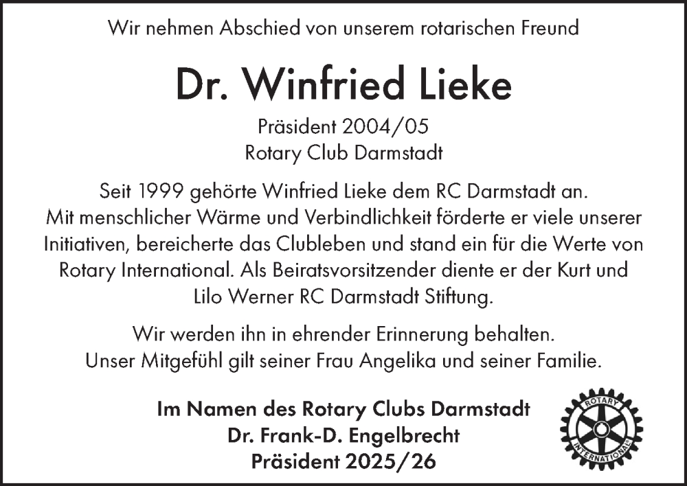  Traueranzeige für Winfried Lieke vom 16.08.2025 aus Darmstädter Echo