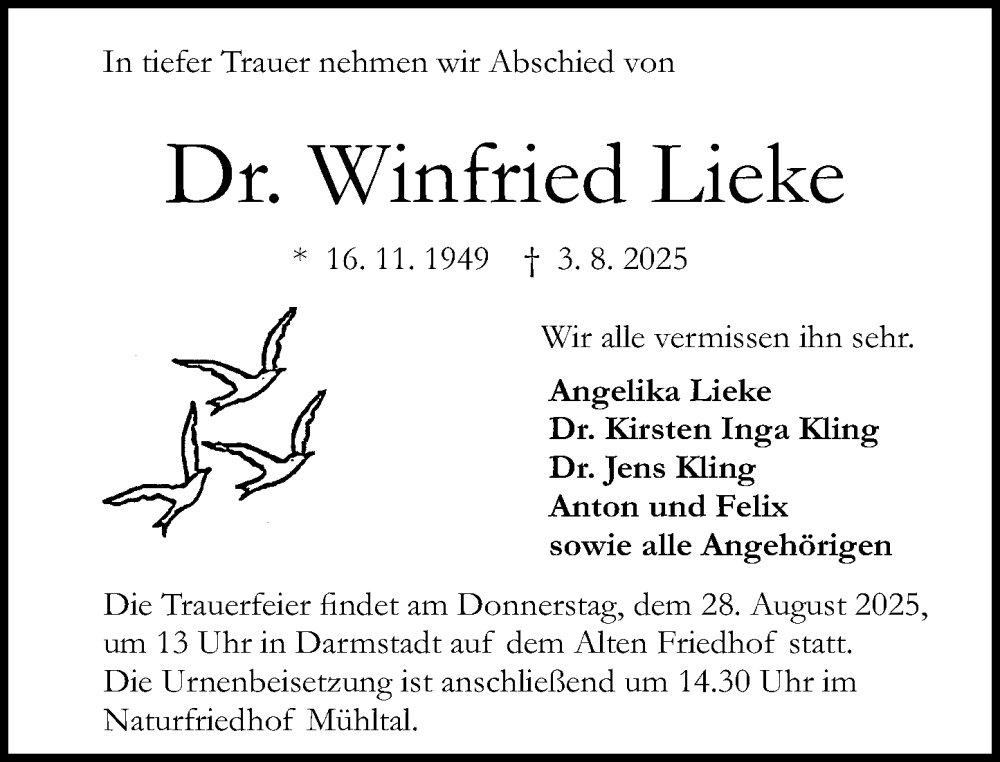  Traueranzeige für Winfried Lieke vom 16.08.2025 aus Darmstädter Echo