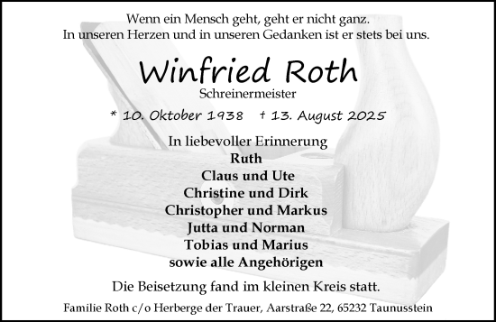 Traueranzeige von Winfried Roth von Wiesbadener Kurier