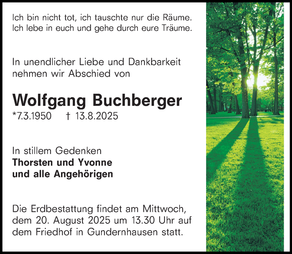  Traueranzeige für Wolfgang Buchberger vom 16.08.2025 aus Darmstädter Echo