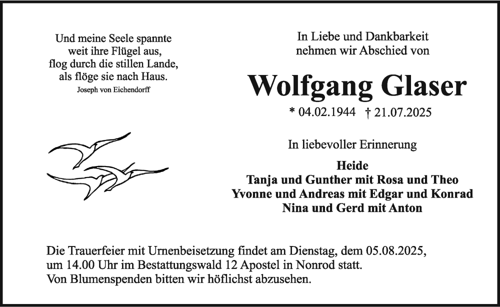  Traueranzeige für Wolfgang Glaser vom 02.08.2025 aus Darmstädter Echo