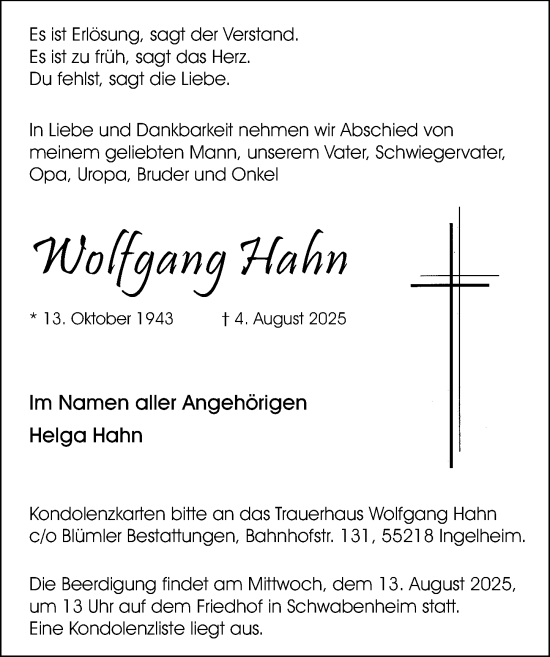 Traueranzeige von Wolfgang Hahn von Allgemeine Zeitung Rheinhessen-Nahe