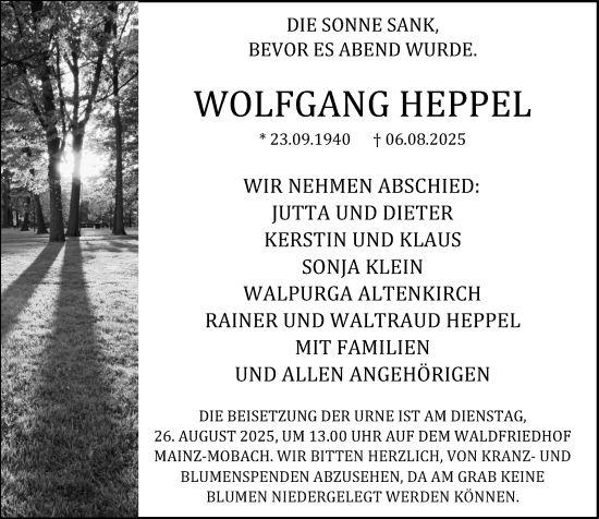 Traueranzeige von Wolfgang Heppel von Allgemeine Zeitung Mainz