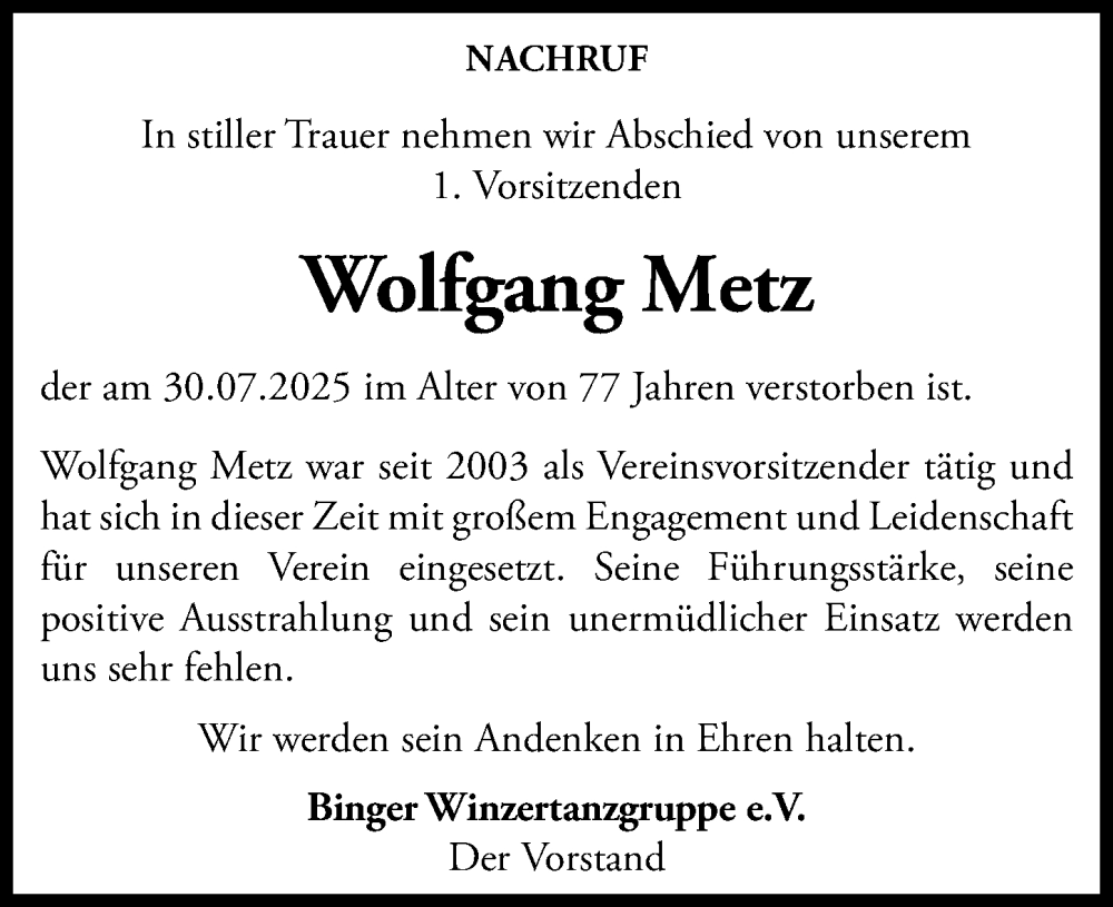  Traueranzeige für Wolfgang Metz vom 23.08.2025 aus Binger-/Ingelheimer Wochenblatt
