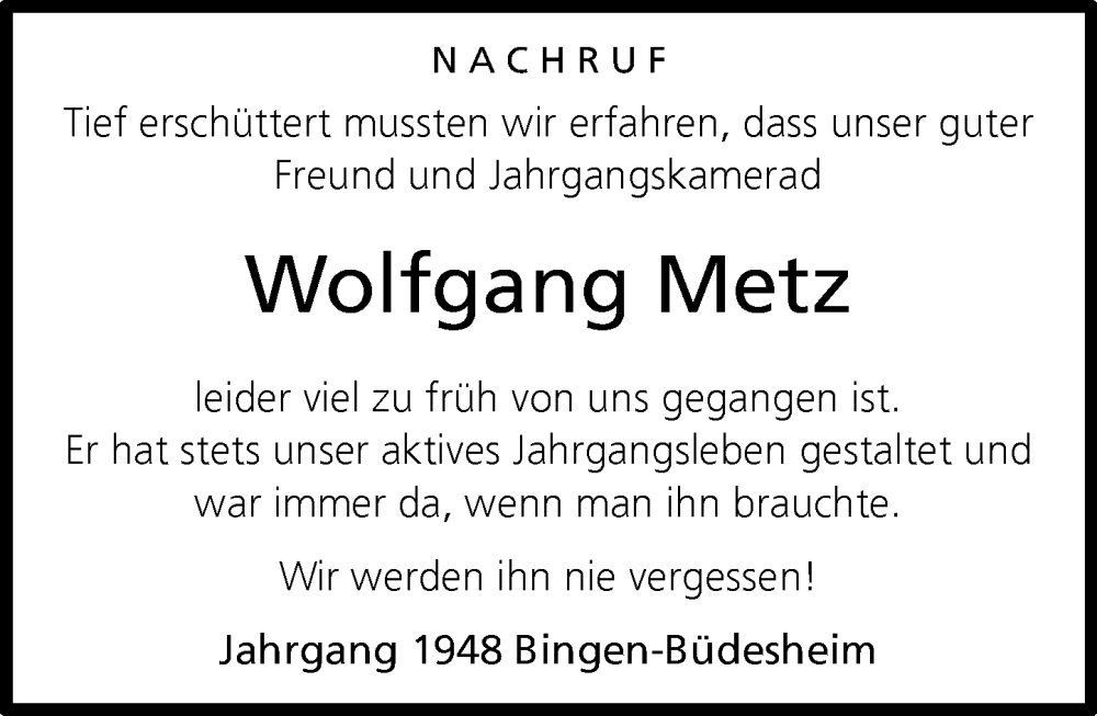  Traueranzeige für Wolfgang Metz vom 23.08.2025 aus Binger-/Ingelheimer Wochenblatt