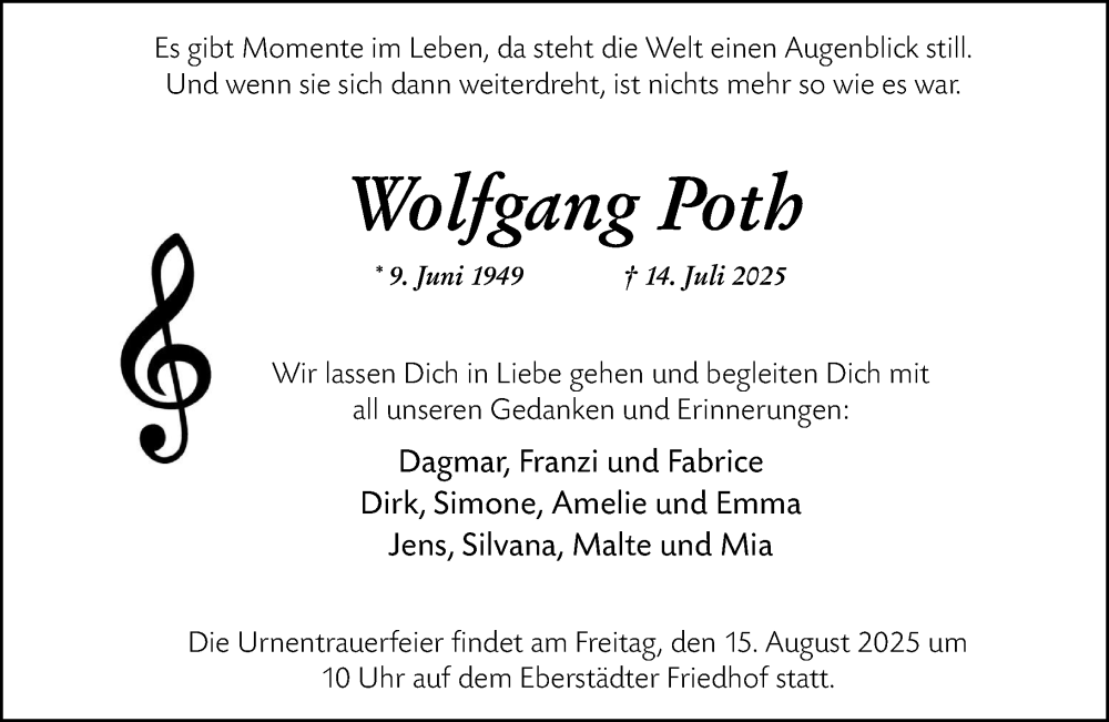  Traueranzeige für Wolfgang Poth vom 02.08.2025 aus Darmstädter Echo