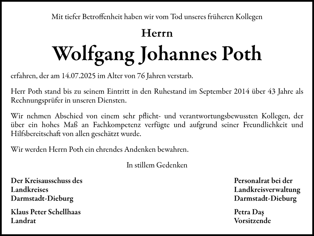  Traueranzeige für Wolfgang Johannes Poth vom 09.08.2025 aus Darmstädter Echo