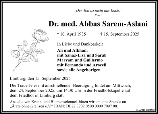 Traueranzeige von Abbas Sarem-Aslani von Nassauische Neue Presse