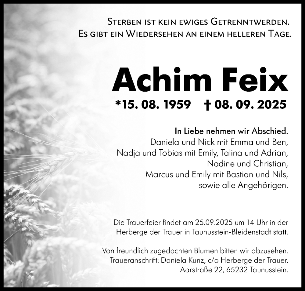  Traueranzeige für Achim Feix vom 20.09.2025 aus Idsteiner Land/Untertaunus