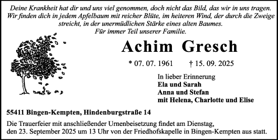 Traueranzeige von Achim Gresch von Allgemeine Zeitung Rheinhessen-Nahe