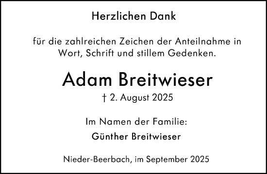 Traueranzeige von Adam Breitwieser von Darmstädter Echo