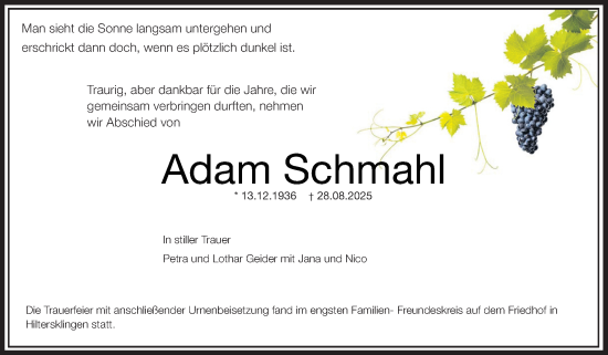 Traueranzeige von Adam Schmahl von Odenwälder Echo