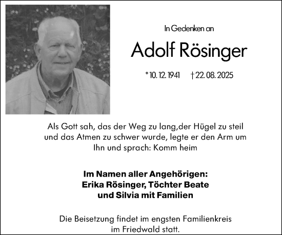 Traueranzeige von Adolf Rösinger von Odenwälder Echo